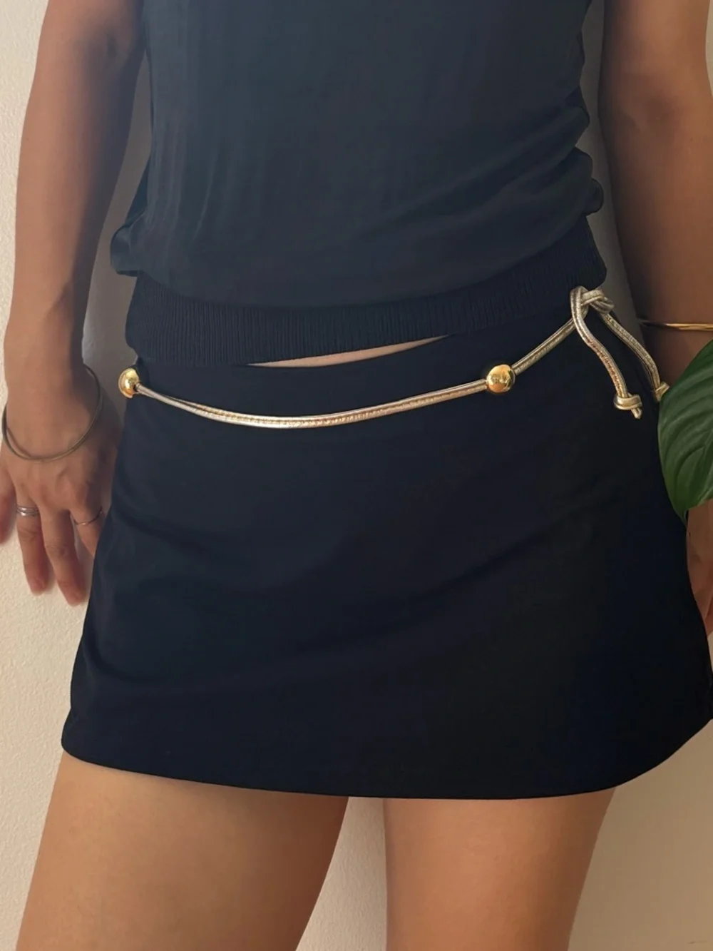 Genuine Leather Gold Metallic Skinny Belt Or Waist Accessory With Beads